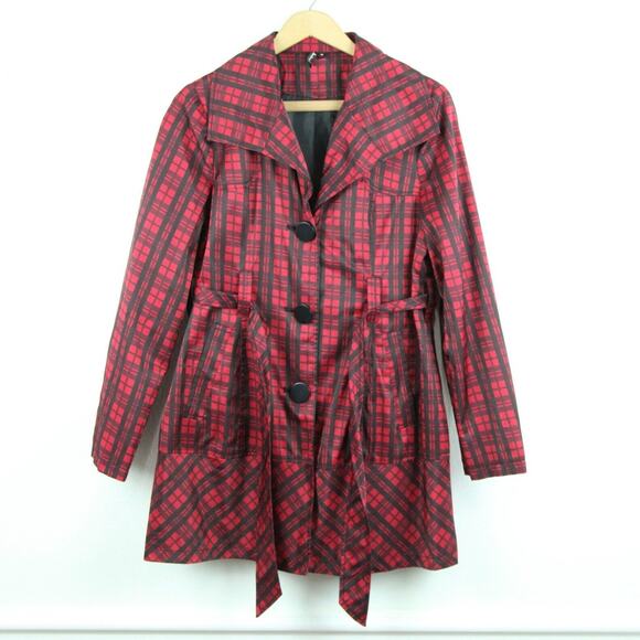 Vintage Women's Medium Trench Coat Red Plaid Y2K Academia Goth Twee Preppy Punk